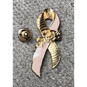 Vintage Avon Breast Cancer Pink Ribbon Pin Gold tone Swish with Pink 2" Tall